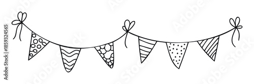 A cheerful handdrawn bunting garland with diverse patterns is perfect for decorating festive events, birthday parties, baby showers, or adding a playful touch to seasonal celebrations.