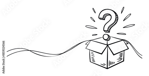 Hand drawn style illustration of a question mark emerging from an open box symbolizing mystery and discovery for business solutions and educational content