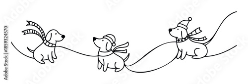 Playful puppies wearing winter hats and scarves are connected by a whimsical line, perfect for seasonal greetings, childrens media, and holiday themed products.