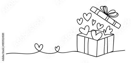 Open gift box with hearts floating out and a continuous heart line, perfect for symbolizing love, surprise, and romantic celebrations like Valentines Day or anniversaries.
