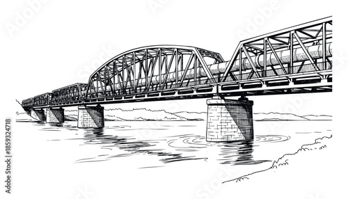 Hand drawn ink sketch of a long metal railway truss bridge spanning a wide river with multiple stone piers, excellent for architectural, engineering, or transportation related educational