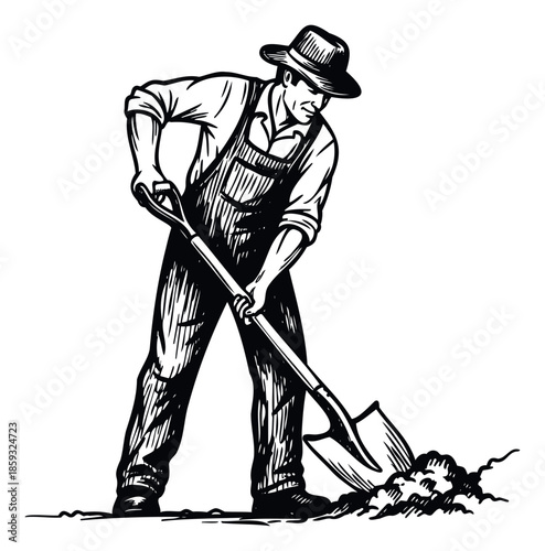 A determined man in a hat and overalls digs the earth with a shovel, embodying hard work and agricultural labor, perfect for themes of farming, gardening, construction, or manual effort.
