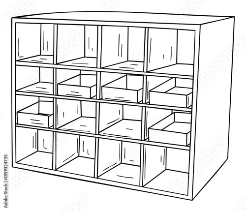 A simple line drawing of a multicompartment storage cabinet with various empty cubbies and some containing small boxes, perfect for home organization concepts, office storage layouts, or