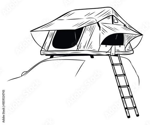 Explore outdoor adventures with this detailed black and white drawing of a rooftop tent mounted on a car, perfect for camping guides, travel blogs, and adventure marketing materials.