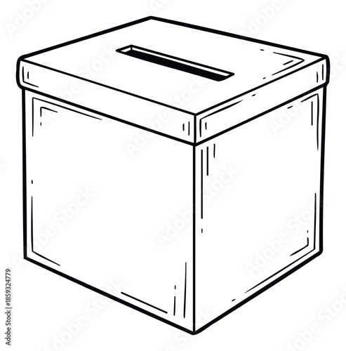 Simple handdrawn black and white line art of a box with a slot on top, ideal for election materials, charity drives, or suggestion collection campaigns.