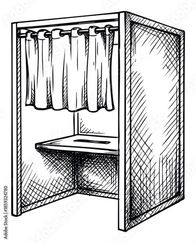 Detailed black and white sketch of a private voting booth featuring a front curtain and a ballot slot, suitable for educational content or political graphics on elections and democratic
