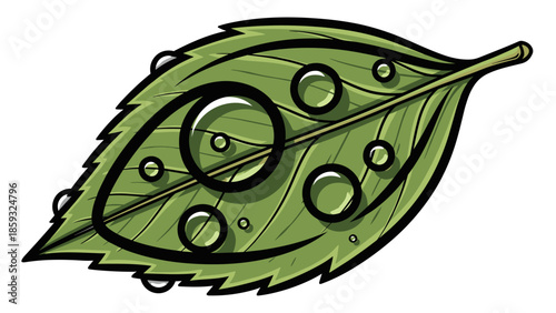 Green Leaf with Water Droplets Illustration.
