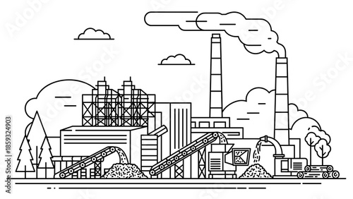Industrial Factory with Smokestacks and Machinery.
