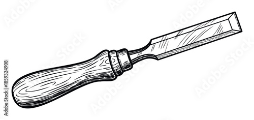 Detailed handdrawn sketch of a sturdy woodworking chisel with a classic wooden handle and sharp metal blade, ideal for craft and carpentry projects or educational illustrations of