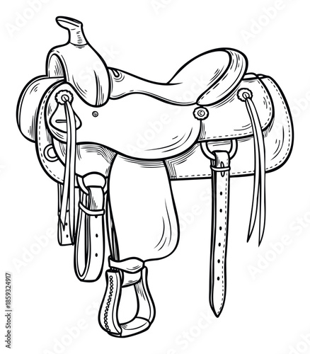 Western horse saddle equipment drawing for equestrian sports and cowboy lifestyle, ideal for ranch themes, riding activities, and wild west designs.