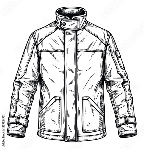Stylish engraved jacket drawing perfect for apparel industry projects, vintage clothing advertisements, and creating classic outerwear imagery.