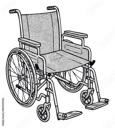 Classic mobility aid wheelchair with spoked wheels and footrests depicted in a graphic sketch style perfect for healthcare literature and assistive technology information