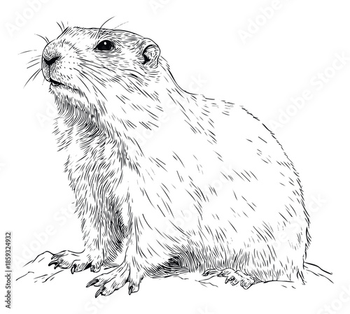 Black and white detailed line art drawing of a curious groundhog standing upright and looking left, perfect for natural history exhibits, educational book illustrations, or forest animal