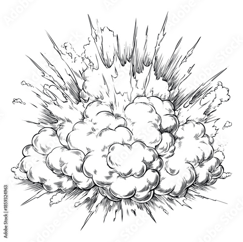 Dynamic monochrome comic style explosion burst with powerful smoky clouds and sharp lines depicting energy impact, ideal for graphic novels, gaming interfaces, or dramatic visual effects