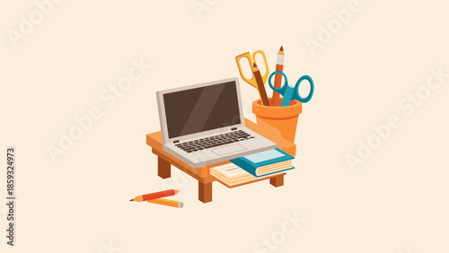 Laptop with Stationery on Wooden Tray.