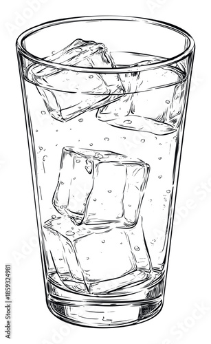 Black and white drawing of a refreshing glass of water with ice cubes and small bubbles, perfect for beverage menus or health and wellness publications