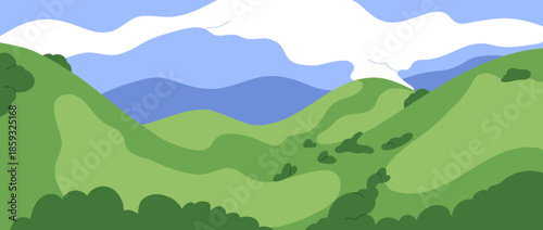 Nature landscape panorama. Green hills and mountains in grass, calm serene va...