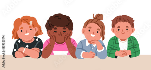 Kids group sitting behind desk, table. Happy cute funny children team, classmates from elementary school. Smiling boys and girls friends. Flat vector illustration isolated on white background