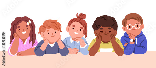 Happy children group, sitting at desk together. Elementary school kids at table. Cheerful smiling classmates team. Cute funny little schoolkids. Flat vector illustration isolated on white background