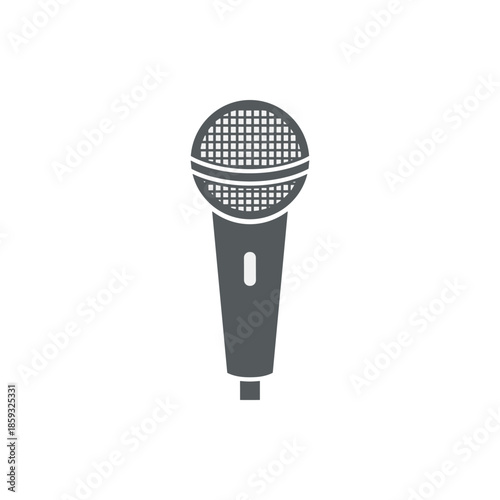 A stylized, dark gray, vector graphic of a handheld microphone, isolated on a white background, representing audio recording and performance