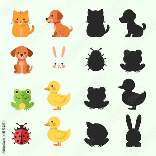 Matching Game with Animals and Their Shadows for Children.