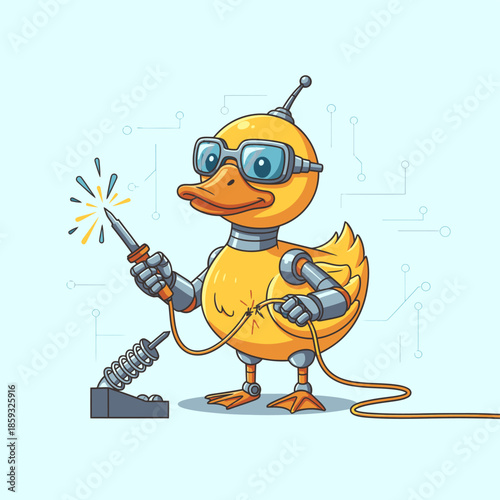 Robotic Duck with Soldering Iron A Cartoon Illustration of Technology and Craft.