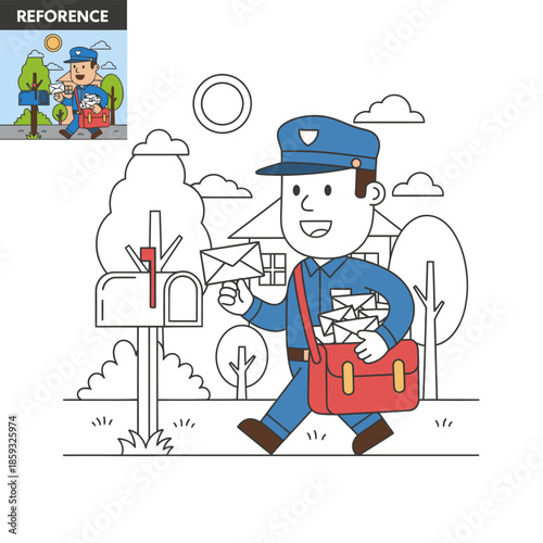 Cartoon Postman Delivering Mail with Bag and Envelopes.
