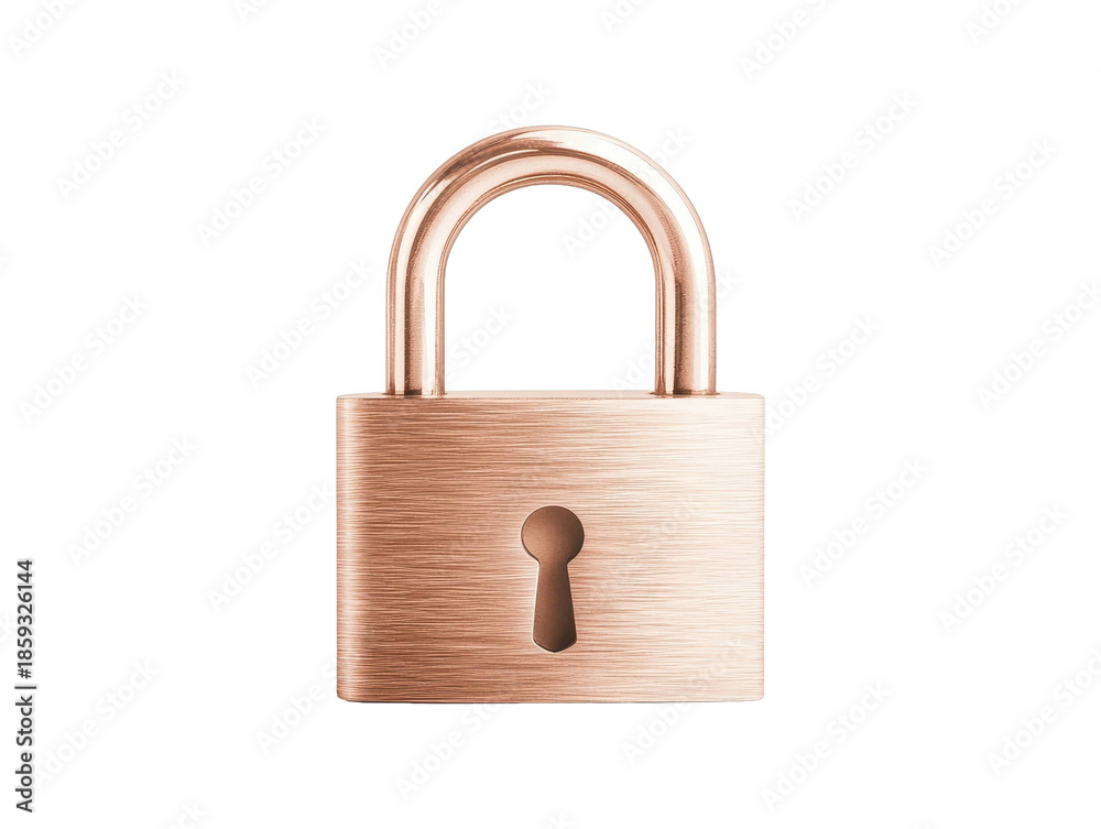 Fototapeta premium Isolated rose gold padlock with keyhole concept of secure access as a cutout PNG on transparent background