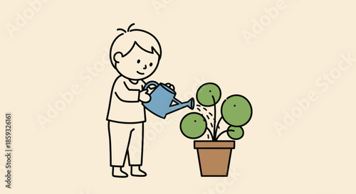 Boy Diligently Watering Potted Plant with Care and Attention.