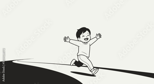 Joyful Child Running with Open Arms in Black and White.