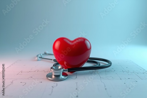 A red heart and stethoscope on an electrocardiogram print, symbolizing healthcare and medical care.