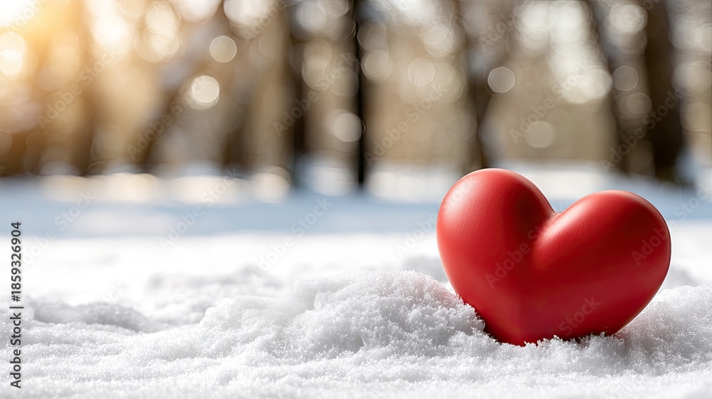 Fototapeta premium Red heart shape rests on snow with sunlight shining through trees in snowy forest for a Valentine's Day theme