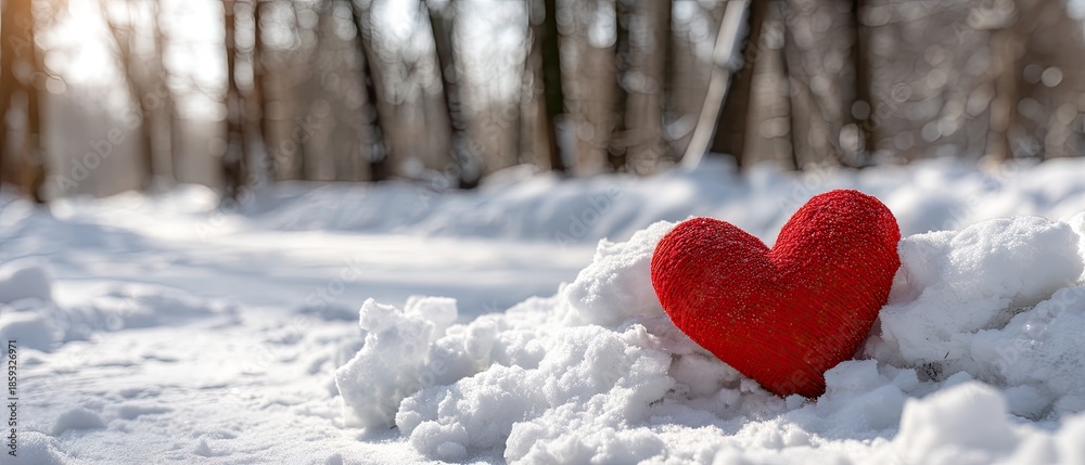 Fototapeta premium Red heart rests in snow with sunlight shining through forest on a winter day for romantic celebration of love and connection in nature