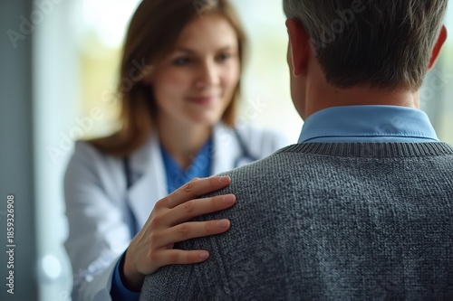 A female doctor comforting a patient in a clinical setting with a gentle hand on his shoulder