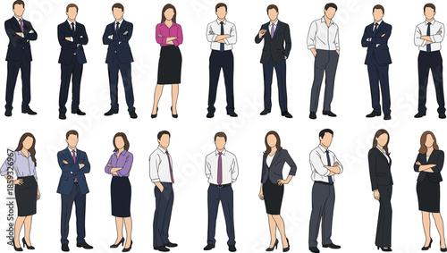 Business men and women standing in professional poses, corporate office workers illustration, formal clothing vector design for workplace, teamwork and leadership concepts