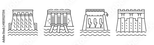 Set of linear icons illustrating various designs of hydroelectric dams and power plants