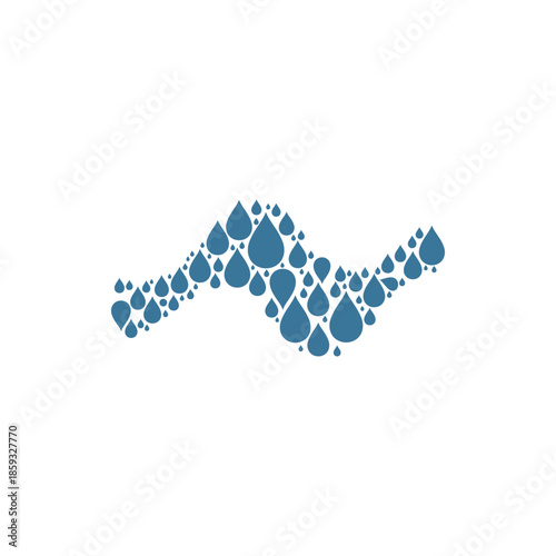 Abstract fluid wave pattern formed by numerous blue water droplets, symbolizing movement, purity, and liquid dynamics in a modern graphic design context