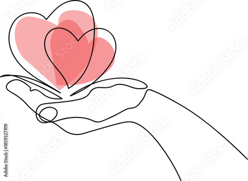 Hand holding heart sign. A continuous line art illustration of a gentle hand holding two overlapping hearts symbolizing love and care. This minimalist continuous line art illustration depicts a gracef