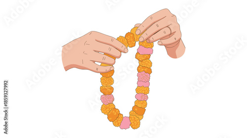 A pair of hands delicately crafts a vibrant Hawaiian lei, symbolizing welcome, love, and celebration with colorful blossoms.