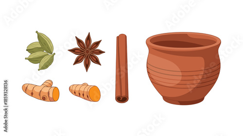 An inviting collection of aromatic chai spices including cardamom, star anise, cinnamon, and turmeric, alongside a traditional clay cup.