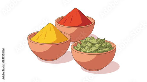 Three small, rustic bowls filled with vibrant spices and fresh herbs, including turmeric, paprika, and green leaves, against a clean white background.