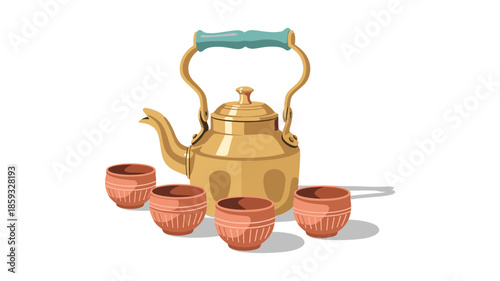 A beautifully illustrated golden brass kettle with a turquoise handle, accompanied by four traditional terracotta tea cups, set against a pristine white background.