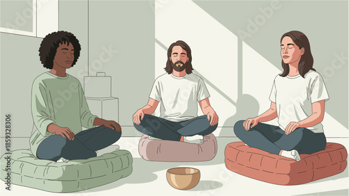 Three diverse individuals practice mindful meditation together in a serene, sunlit room, fostering peace and well-being.