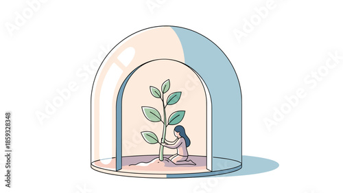 A woman nurtures a small plant under a protective glass dome, symbolizing growth, care, and a sheltered environment.
