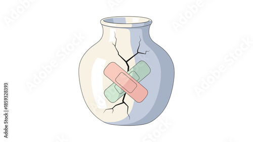 A cracked ceramic vase, mended with two colorful adhesive bandages, symbolizing repair, healing, and overcoming damage.