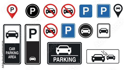 Collection of various parking signs, including 'P' symbols, 'No Parking' icons, and car area indicators