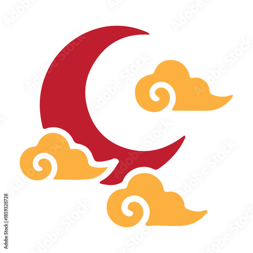 A vibrant graphic illustration featuring a stylized red crescent moon and golden clouds, symbolizing festive cultural traditions for a prosperous lunar new year