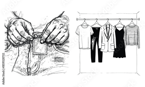 Hands attaching a label to jeans and a selection of clothing on a rack