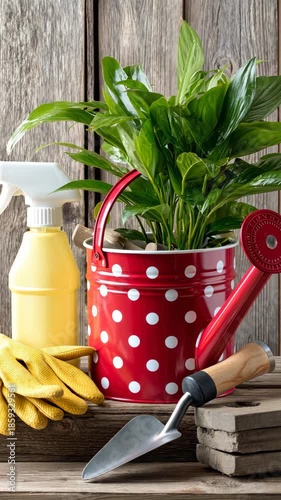 Gardening tools and potted plant setup in a rustic environment