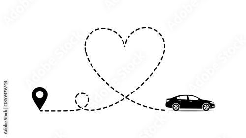 Car driving on a heart-shaped route from a location pin symbolizing love and travel